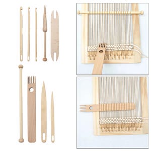 May include: A selection of wooden weaving tools, including crochet hooks, needles, and a weaving loom. The tools are light brown and appear unused. The loom is rectangular with vertical threads and a shuttle. The tools are for textile crafts.