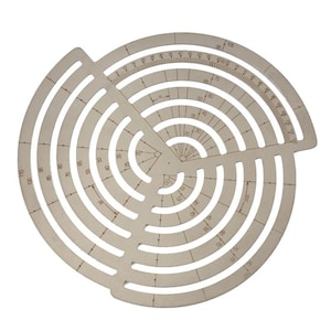 May include: A light-colored, circular wooden drafting tool featuring concentric cut-out arcs and radial slots. The surface is etched with numerical markings ranging from 0 to 120, along with degree indicators and measurement lines for precise technical drawing.