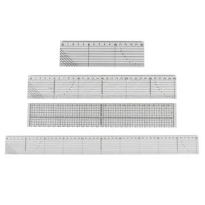 May include: A collection of four clear plastic rulers of varying lengths. Each ruler features black markings for inches and fractions, along with diagonal lines and numerical indicators. The rulers are designed for precise measurements and drafting.