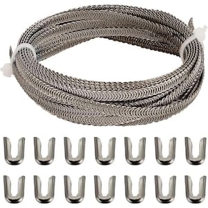 May include: A coiled length of silver-coloured metal wire, secured with a white plastic tie, is shown above a row of silver-coloured U-shaped metal staples. The wire appears to be made of small, linked rings.