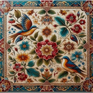 Könnte beinhalten: Quadratischer Textilstoff mit aufwendigem Design, das zwei Vögel und florale Muster zeigt. Die Vögel haben blaue, orangefarbene und braune Federn. Die Blumen sind rot, blau und gelb, vor einem cremefarbenen Hintergrund mit einem türkis-roten Rand.