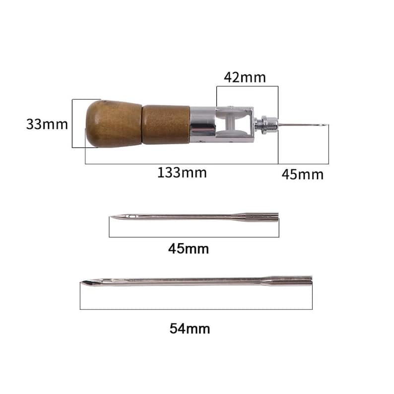 May include: A leather sewing awl with a wooden handle and two needles. The awl is 13.3 cm long, 4.2 cm wide, and 3.3 cm tall. The needles are 4.5 cm and 5.4 cm long.