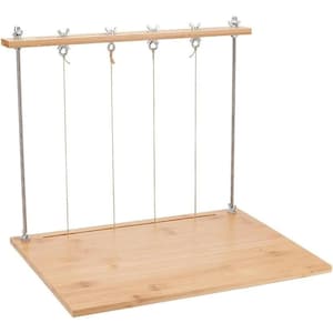 May include: A bamboo cheese slicer with stainless steel wires and hardware. The slicer has a rectangular base and a horizontal wooden bar with adjustable wires for cutting cheese. The wires are held in place by wing nuts.