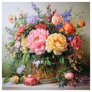Puede incluir: Un vibrante arreglo floral con una variedad de flores en un jarrón de vidrio transparente. El ramo incluye grandes peonías rosas y amarillas, rosas rojas y naranjas, y delicadas flores moradas y azules. Las flores están dispuestas sobre una superficie blanca.