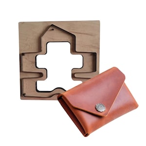 Card Wallet Template, Wooden Board, Steel Blade Cutter, Double Layered Leather Cardholder Bag Making, Cutting Pattern, Leathercraft Punching