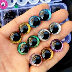 3D Glitter Safety Eyes, 30pcs Box, Plastic, Plush Toy Crooked Pupil, Rainbow Glitter Color, With Back Washer Bear Amigurumi Crafting Eyeball