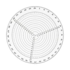 May include: A clear, circular protractor with concentric circles and radial lines. The protractor features degree markings from 0 to 360, with additional markings for angles. The design is symmetrical and precise, ideal for measuring angles.