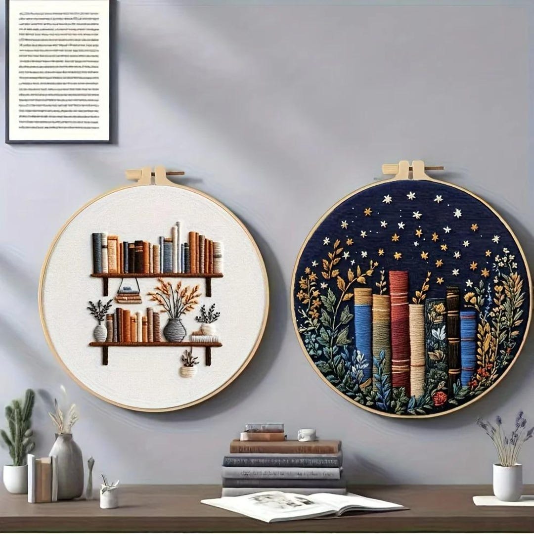 Bookshelf Flower Plant Design DIY Embroidery Kit, Color-coded Thread ...
