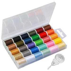 May include: A clear plastic sewing kit containing 30 spools of thread in various colors, including brown, black, green, red, orange, pink, and yellow. A thread remover tool is also included. The kit is ideal for sewing and crafting projects.
