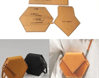 May include: A set of brown paper patterns for a hexagonal shaped handbag. The patterns include the text "AAA-433  原创设计".  Two finished handbags are shown, one in brown and one in black.