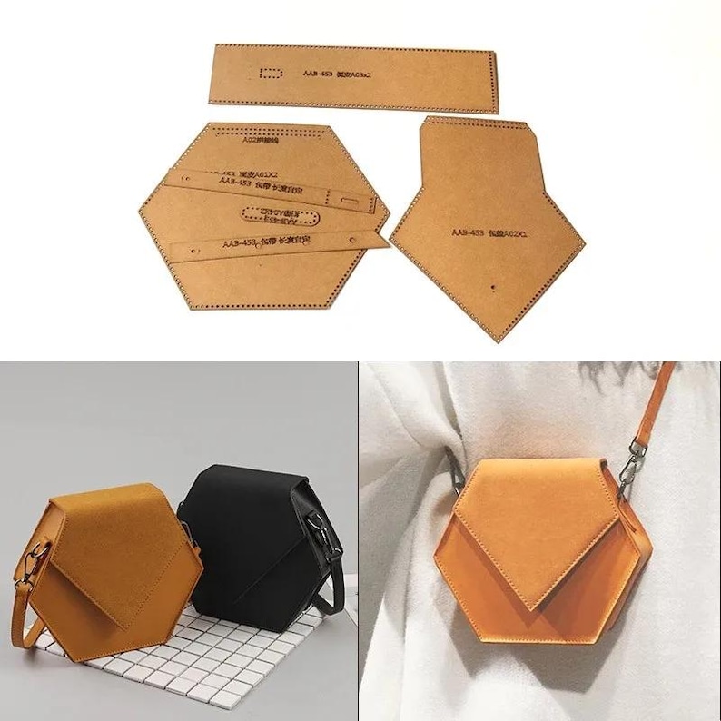 May include: A set of brown paper patterns for a hexagonal shaped handbag. The patterns include the text "AAA-433  原创设计".  Two finished handbags are shown, one in brown and one in black.