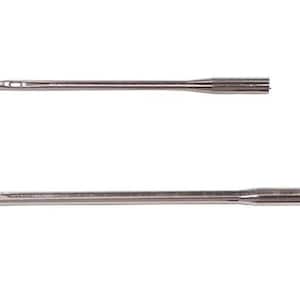 May include: Two silver sewing machine needles, one longer than the other, isolated on a white background.