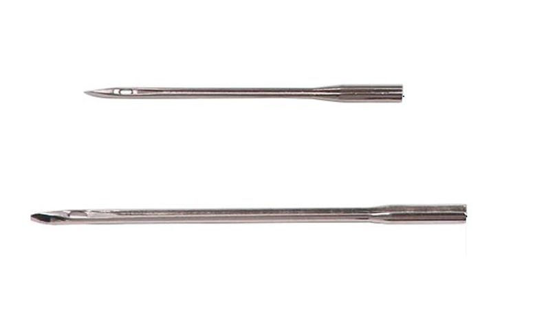 May include: Two silver sewing machine needles, one longer than the other, isolated on a white background.