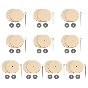 May include: Nine sets of wooden discs with metal pins. Each set includes two discs and a pin. The discs are beige and the pins are silver.