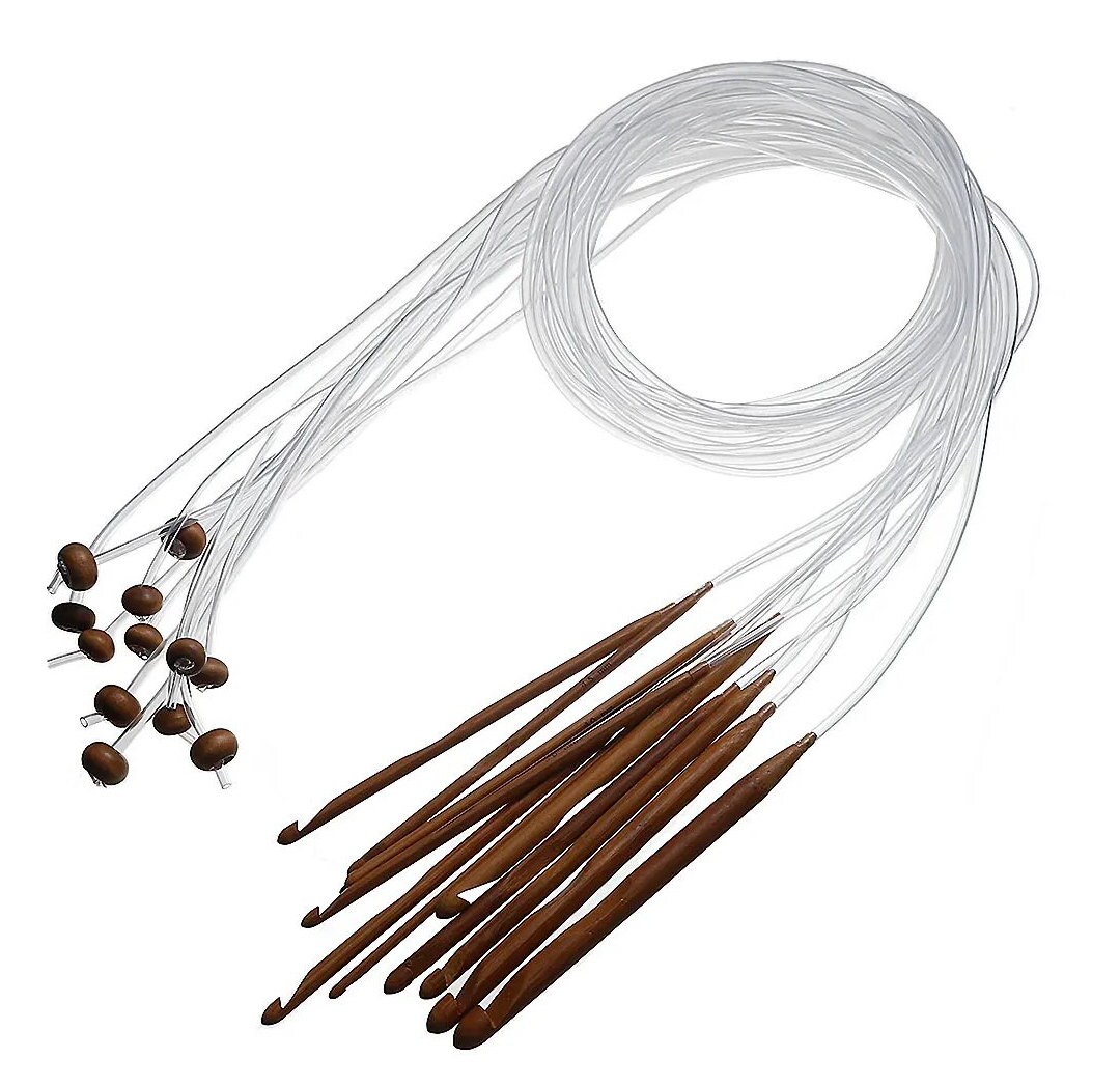 Afghan Tunisian Carpet Crochet Hooks, 12Pcs Set, Bamboo+Plastic, Transparent Tube, Hand Sewing Tools, Knitting Needles, Crocheting Essential