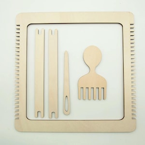 May include: A wooden weaving loom kit, featuring a square frame with notched edges, two rectangular shuttles, a needle, and a comb-like tool. The natural wood color highlights the craft supplies.