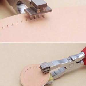 May include: A close-up of a leather craft tool used for punching holes in leather. The tool has a metal handle and a set of metal punches. The tool is being used to punch holes in a piece of leather.