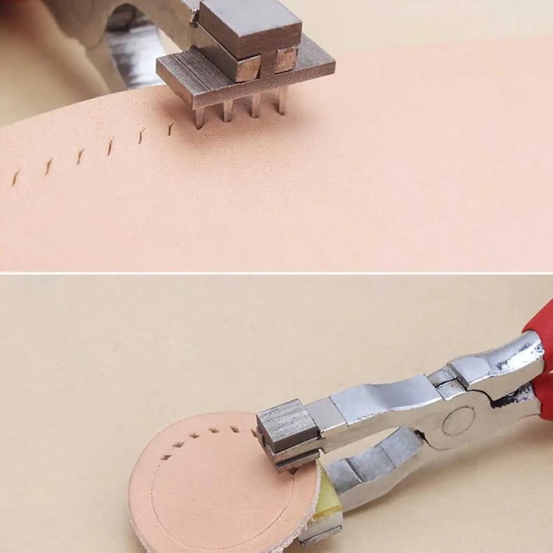 May include: A close-up of a leather craft tool used for punching holes in leather. The tool has a metal handle and a set of metal punches. The tool is being used to punch holes in a piece of leather.