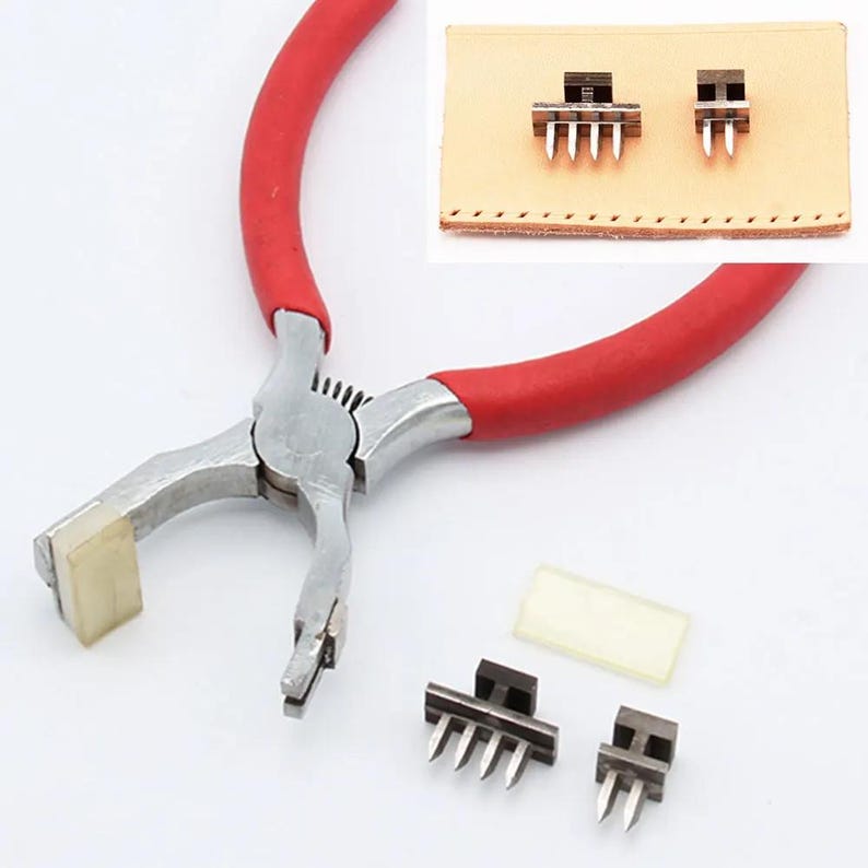 May include: A red leather craft tool with a silver handle and a white plastic piece. The tool is used to punch holes in leather. There are two silver metal pieces with four prongs each, used to create stitching holes in leather.