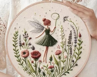 Wing-Flapping Elf Girl Design Embroidery Kit, Complete DIY Material Set Fairy Pattern Hand Stitching Tool Cross Stitch Home Decor Needlework