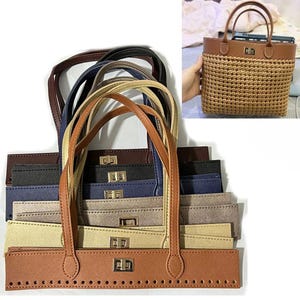May include: A collection of handbag bases and handles in various colors. The bases are rectangular with pre-drilled holes for stitching. Handles are in brown, tan, black, and gold. A completed woven bag with brown leather accents and handles is also shown.