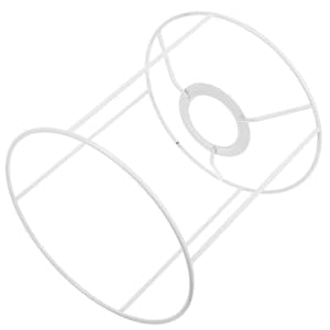 May include: A white metal lampshade frame. The frame is cylindrical, with a large circular opening at each end and a smaller circular opening in the center. The frame is made of thin, white metal rods.