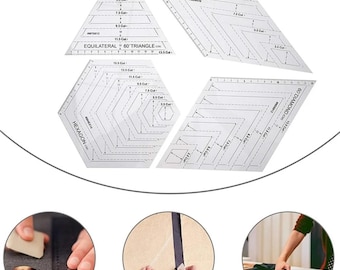 4Pcs Patchwork Rulers, Transparent Acrylic, Quilting Guide, Sewing Tools, Triangle Diamond Hexagon Shapes Templates, Fabric Cutting Pattern