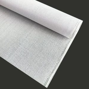 May include: A roll of white fabric featuring a visible woven texture. The material is folded over at the top, displaying a consistent light color and a structured, grid-like pattern throughout the surface of the textile, showing clear edges.