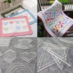 Könnte beinhalten: Handgefertigte Quilt-Artikel, darunter Platzsets mit Herzmustern und ein farbenfroher Patchwork-Quilt. Außerdem sind transparente Acryl-Quiltschablonen in verschiedenen geometrischen Formen wie Sechsecken, Herzen und Dreiecken zu sehen.