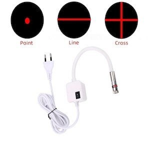 May include: A white electrical cord with a plug on one end and a switch on the other. The cord is connected to a white device with a red laser pointer that can project a point, line, or cross.
