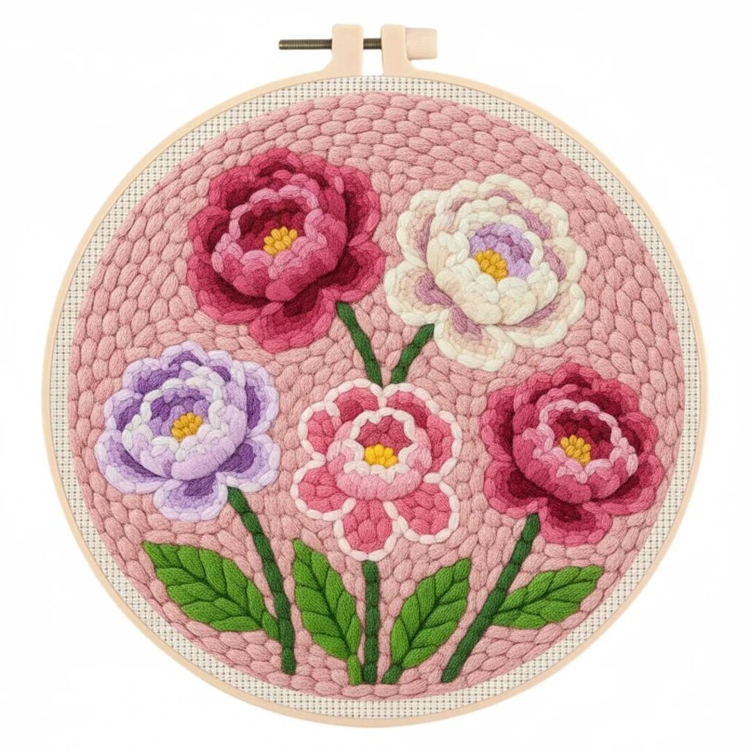 DIY Punch Needle Embroidery Kit, Rose & Tulip Flower Design With Hoop ...