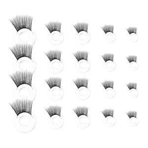Könnte beinhalten: Anordnung einzelner schwarzer Kunstwimpern, jeweils an einer transparenten, kreisförmigen Basis befestigt. Die Wimpern variieren in der Größe, einige sind länger und voller als andere. Das Bild ist vor einem schlichten weißen Hintergrund.