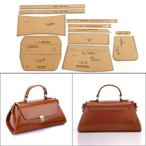 Könnte beinhalten: Ein Satz brauner Ledertaschen-Schnittmusterteile und zwei fertige braune Lederhandtaschen. Die Schnittmusterteile sind hellbraun und mit Text beschriftet. Die Handtaschen haben obere Griffe, Metallverschlüsse und weiße Nähte.
