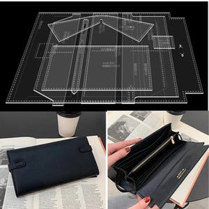 Modello di taglio per portafoglio lungo in pelle da donna, acrilico trasparente, modello di cucito per porta carte, stencil riutilizzabili per lavori artigianali, strumenti per la lavorazione della pelle