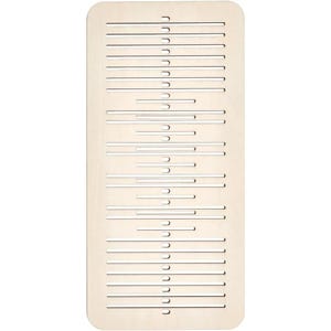 May include: A rectangular wooden template with rounded corners. The template features a series of horizontal slots of varying lengths, creating a pattern of lines and spaces. The wood has a light, natural color.