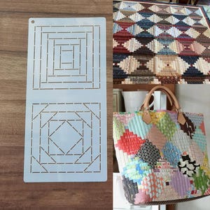 May include: A white plastic quilting stencil with two geometric designs, a quilt, and a colorful patchwork tote bag with leather handles. The stencil is on a wooden surface. The quilt and tote bag are made of various fabric scraps.