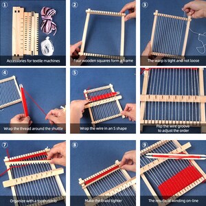 May include: A step-by-step guide on how to use a wooden loom to weave a red and white plaid fabric. The instructions include assembling the loom, wrapping the yarn, and weaving the fabric.