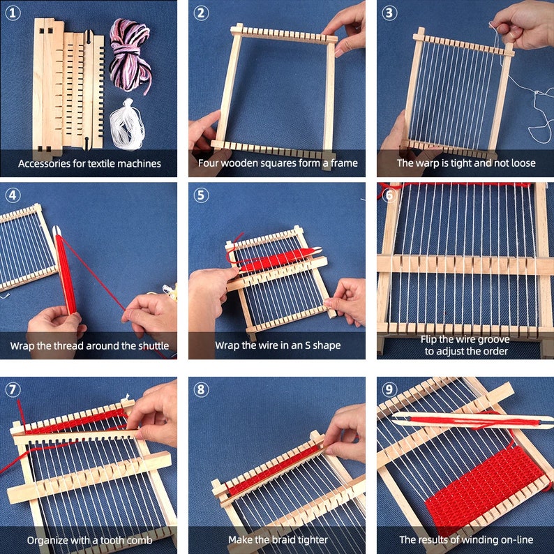 May include: A step-by-step guide on how to use a wooden loom to weave a red and white plaid fabric. The instructions include assembling the loom, wrapping the yarn, and weaving the fabric.