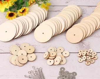 May include: A collection of unfinished wooden craft supplies, including round discs with pre-drilled holes, small wooden circles, and metal pins. The items are arranged on a light-colored wooden surface, ideal for DIY projects.