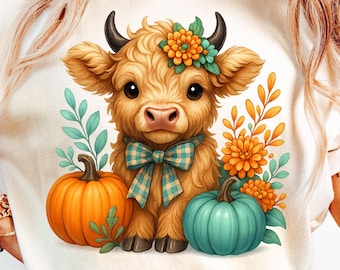 Highland Cow PNG, Floral Pumpkin Sublimation, Fall Season Cute Baby Cow PNG, Thanksgiving Clipart, Printable Autumn Highland Cow Pumpkin.
