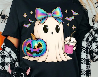 May include: Black t-shirt with a cartoon ghost design. The ghost has a rainbow bow and is next to a rainbow pumpkin and a drink. The design includes bats and stars. Text at the bottom reads "PNG - INSTANT DOWNLOAD".
