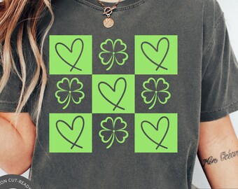 Checkered Clover Heart SVG, Retro St Patricks Day Cut File (Digital Download)