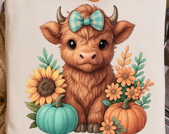 Highland Cow PNG, Floral Pumpkin Sublimation, Fall Season Cute Baby Cow PNG, Thanksgiving Clipart, Printable Autumn Highland Cow Pumpkin.