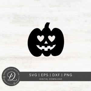 May include: Black silhouette of a pumpkin with a smiling face and heart-shaped eyes.  The pumpkin is isolated on a white woodgrain background.  SVG | EPS | DXF | PNG DIGITAL DOWNLOAD