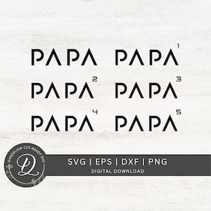 Könnte beinhalten: Fünf digitale Schnittdateien des Wortes "PAPA" in einer geometrischen Schriftart. Die Dateien sind zum digitalen Download und können für Bastelprojekte verwendet werden.