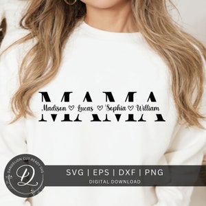 May include: A white sweatshirt with the word "MAMA" in a bold, black font. Below the word "MAMA" are the names Madison, Lucas, Sophia, and William, each separated by a heart symbol. The bottom of the image includes the text "SVG | EPS | DXF | PNG DIGITAL DOWNLOAD".