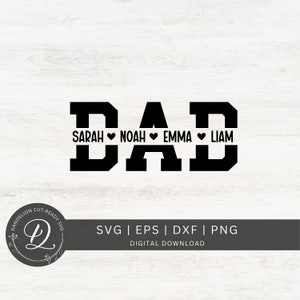 Puede incluir: Diseño gráfico en blanco y negro de la palabra "DAD" con una pancarta debajo que dice "SARAH NOAH EMMA LIAM".