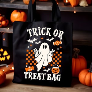 Trick or Treat Bag SVG, Kids Halloween Svg, Retro Ghost Svg, Bag of Treats PNG, Halloween Cricut Svg,  Halloween Cut File,  Spooky Ghost Svg