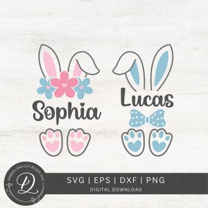 May include: Two bunny-themed designs with names "Sophia" and "Lucas" in gray text. The design for Sophia has pink bunny ears, pink paw prints, and a pink flower crown. The design for Lucas has blue bunny ears, blue paw prints, and a blue and white polka dot bow tie.
