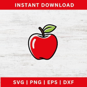 May include: A red apple illustration with a green leaf and a black outline. The words "INSTANT DOWNLOAD" are at the top, and "SVG | PNG | EPS | DXF" are at the bottom.